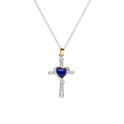 Lapis Lazuli & White Zircon Two-Tone Sterling Silver Cross Pendant Necklace