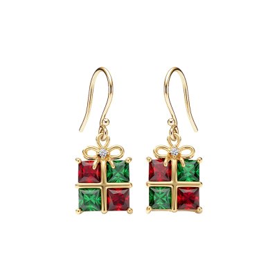 Red&Green CZ 18K Yellow Gold Sterling Silver Gift Earrings