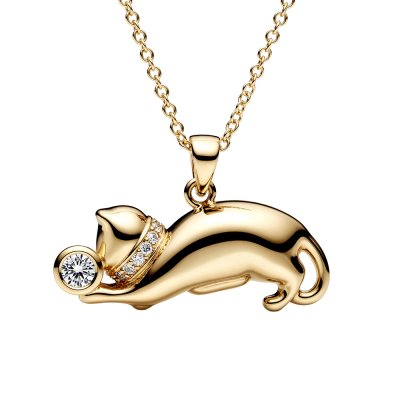 White Cubic Zirconia 18K Yellow Gold Sterling Silver Cat Pendant Necklace