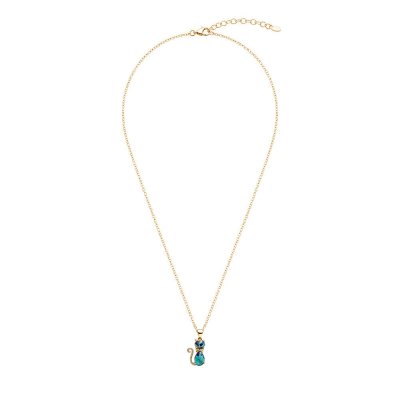 Blended Turquoise and Lapis & white CZ 18K Yellow Gold Sterling Silver Cat Pendant Necklace