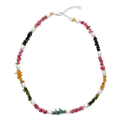 Multicolor Tourmaline & Freshwater Pearl Beaded Necklace 20"