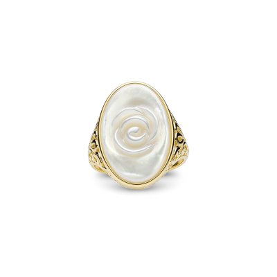 Carved Mother of Pearl Rose Oval 18K Yellow Gold Over Sterling Silver Statement Ring
