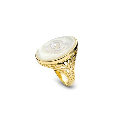 Carved Mother of Pearl Rose Oval 18K Yellow Gold Over Sterling Silver Statement Ring