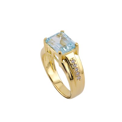 Sky Blue Topaz & White Zircon Oval 18K Yellow Gold Over Sterling Silver Men's Ring