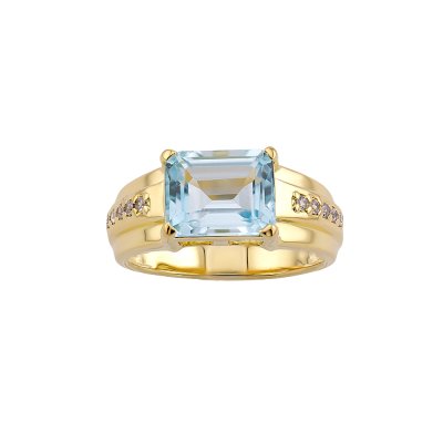 Sky Blue Topaz & White Zircon Oval 18K Yellow Gold Over Sterling Silver Men's Ring