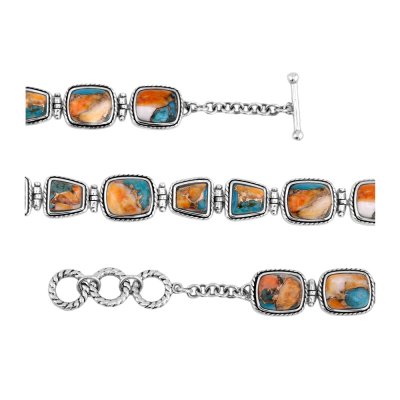 Blended Turquoise With Spiny Oyster Shell Sterling Silver Toggle Clasp Braceles