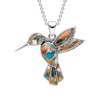Blended Turquoise With Spiny Oyster Shell Sterling Silver Humming Bird Pendant With Chain