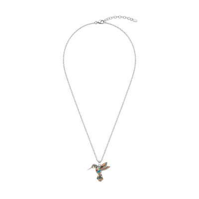 Blended Turquoise With Spiny Oyster Shell Sterling Silver Humming Bird Pendant With Chain