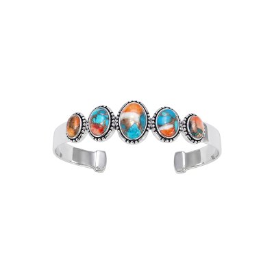 Blended Turquoise With Spiny Oyster Shell Sterling Silver Cuff Bangle