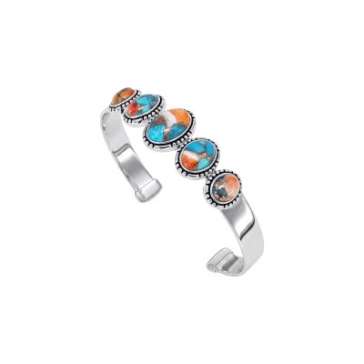 Blended Turquoise With Spiny Oyster Shell Sterling Silver Cuff Bangle