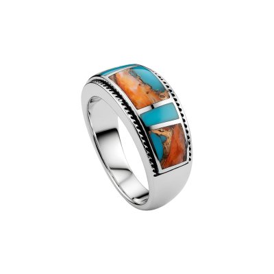 Blended Turquoise With Spiny Oyster Shell Sterling Silver Inlay Ring