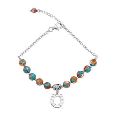Blended Turquoise With Spiny Oyster Shell Beaded Sterling Silver Bracelet