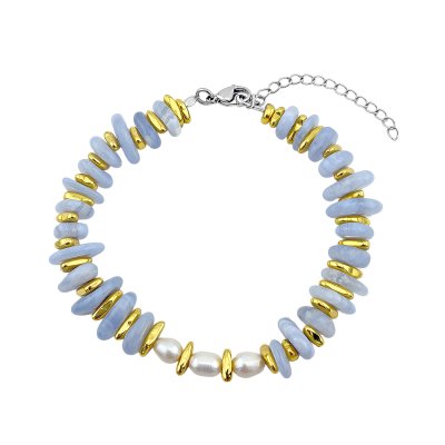 Blue Lace Agate & Hematite With Freshwater Pearl Beaded Sterling Silver Bracelet