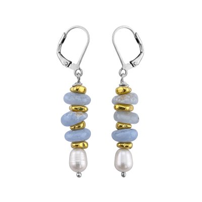 Blue Lace Agate & Hematite With Freshwater Pearl Beaded Sterling Silver Earrings