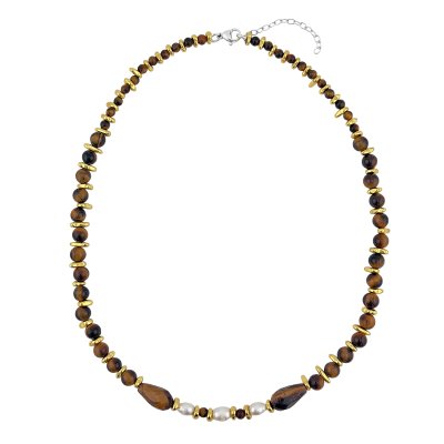 Tigers Eye & Hematite With Freshwater Pearl Beaded Sterling Silver Necklace