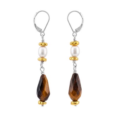 Tigers Eye & Hematite With Freshwater Pearl Beaded Sterling Silver Earrings