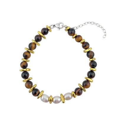 Tigers Eye & Hematite With Freshwater Pearl Beaded Sterling Silver Bracelet