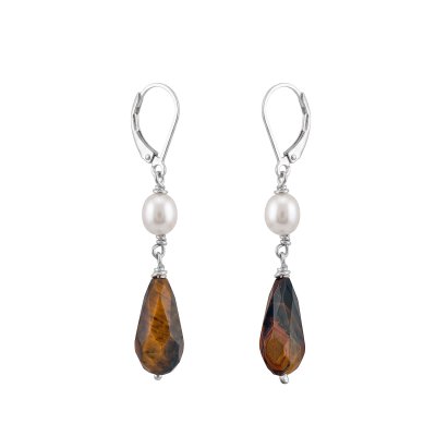 Tigers Eye With Freshwater Pearl Beaded Sterling Silver Earrings