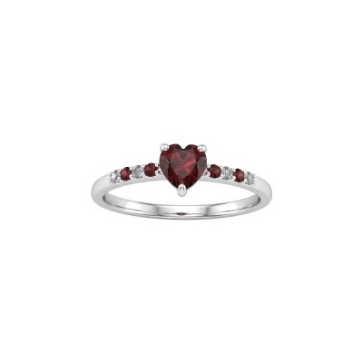 Garnet & White Zircon Sterling Silver Heart Ring