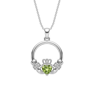 Peridot & White Zircon Sterling Silver Claddagh Pendant Necklace