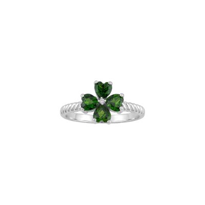 Chrome Diopside & White Zircon Sterling Silver Four Leaf Clover Ring