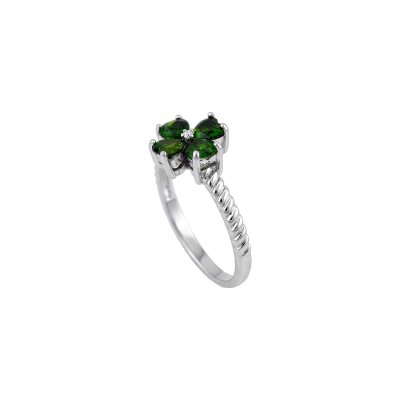 Chrome Diopside & White Zircon Sterling Silver Four Leaf Clover Ring