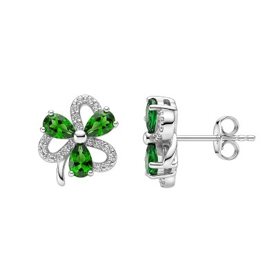 Chrome Diopside Sterling Silver Three Leaf Clover Stud Earrings