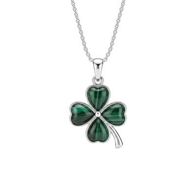 Malachite Sterling Silver Four Leaf Clover Pendant Necklace