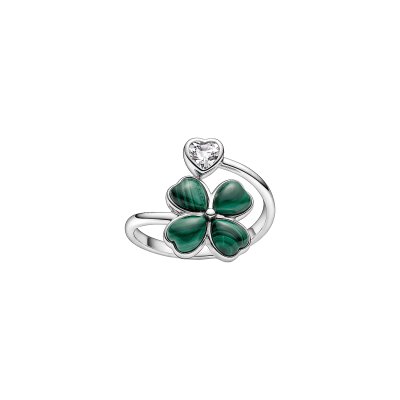 Malachite& White Topaz Sterling Silver Four Leaf Clover Bypass Ring