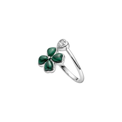 Malachite& White Topaz Sterling Silver Four Leaf Clover Bypass Ring