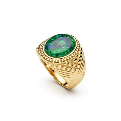 Sterling Silver Azurite Malachite Men's Ring With Yellow Gold Plated