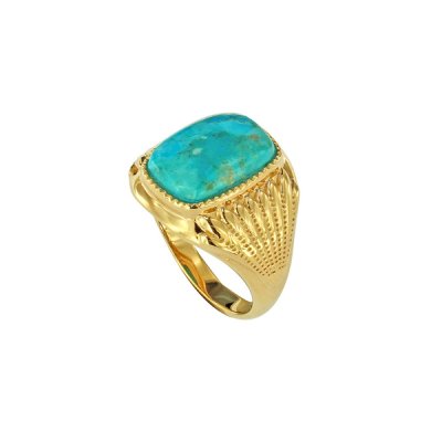 Sterling Silver Turquoise Men's Ring Over 18K Yellow Gold Plated