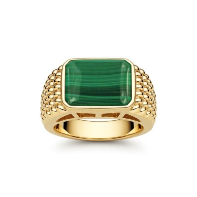Sterling Silver Malachite Men's Ring over 18K Yellow Gold Plated