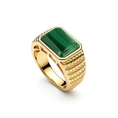 Sterling Silver Malachite Men's Ring over 18K Yellow Gold Plated