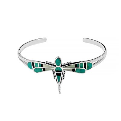 Sterling Silver Turquoise Dragonfly Inlay Cuff Bangle 7.5 Inches