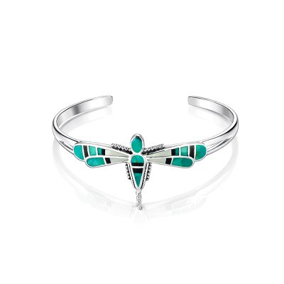 Sterling Silver Turquoise Dragonfly Inlay Cuff Bangle 7.5 Inches