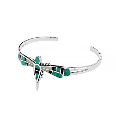 Sterling Silver Turquoise Dragonfly Inlay Cuff Bangle 7.5 Inches