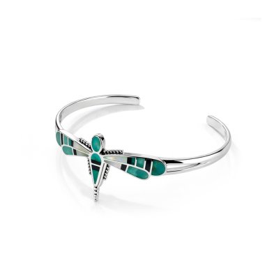 Sterling Silver Turquoise Dragonfly Inlay Cuff Bangle 7.5 Inches