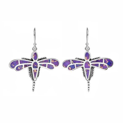 Sterling Silver Purple Turquoise Dragonfly Inlay Earrings