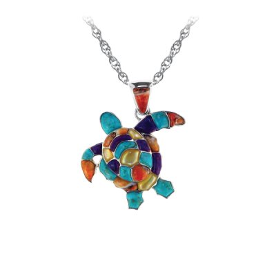 Sterling Silver Multi-Color Turtle Pendant With Chian 18 Inches