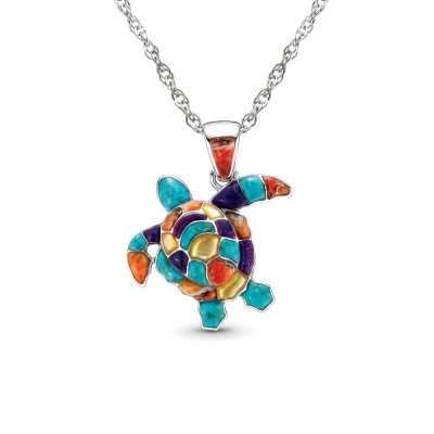 Sterling Silver Multi-Color Turtle Pendant With Chian 18 Inches