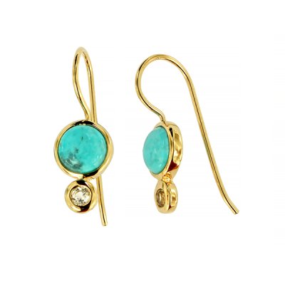 Sterling Silver Turquoise & White Topaz Wire Hook Earrings Over 18K Yellow Gold Plated