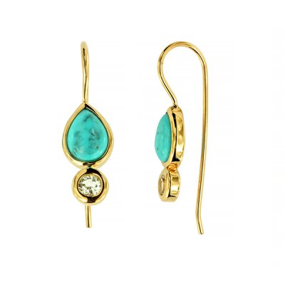 Sterling Silver Turquoise & White Topaz Wire Hook Earrings Over 18K Yellow Gold Plated