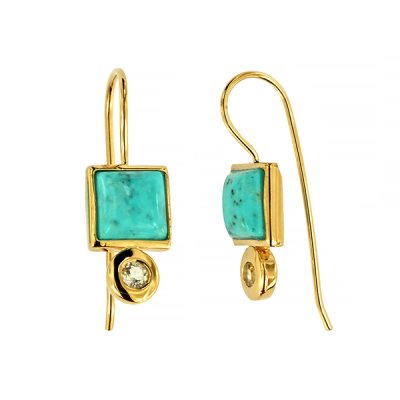 Sterling Silver Turquoise & White Topaz Wore Hook Earrings Over 18K Yellow Gold Plated