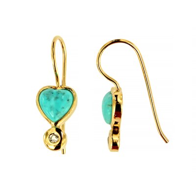 Sterling Silver Turquoise & White Topaz Wire Hook Earrings Over 18K Yellow Gold Plated