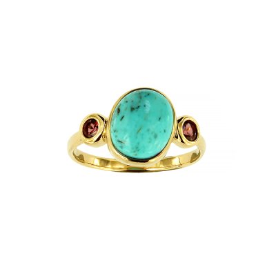 Sterling Silver Turquoise & Rhodolite Ring Over 18K Yellow Gold Plated