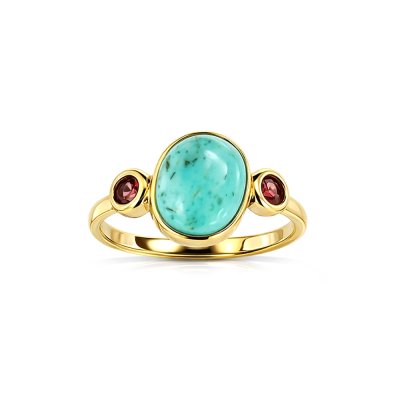 Sterling Silver Turquoise & Rhodolite Ring Over 18K Yellow Gold Plated