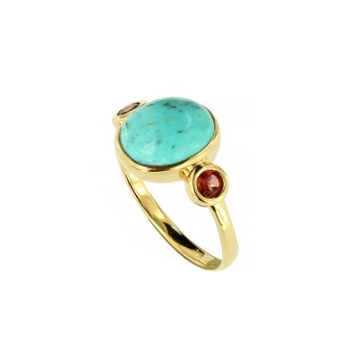 Sterling Silver Turquoise & Rhodolite Ring Over 18K Yellow Gold Plated