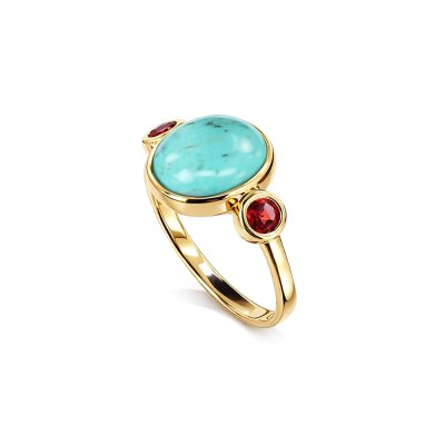 Sterling Silver Turquoise & Rhodolite Ring Over 18K Yellow Gold Plated
