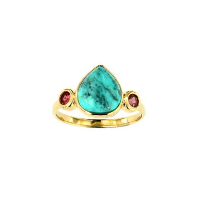 Sterling Silver Turquoise and Rhodolite Ring Over 18K Yellow Gold Plated